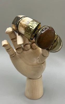 Vintage  Bone & Brass Bracelet And Bangle Large Brown Agate Stone Tribal Jewerly - Image 1 of 4