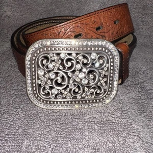 Ariat Womens Tooled Leather Belt With Rhinestone Removable Buckle Size L - Picture 1 of 5