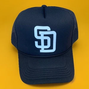 SAN DIEGO PADRES ALL BLACK HAT 5 PANEL HIGH CROWN TRUCKER SNAPBACK - Picture 1 of 3
