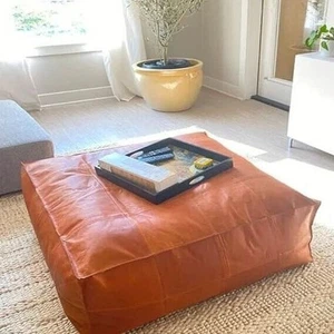 Moroccan Leather Ottoman Square Footstool Pouffe Unstuffed Brown New 30'' - Picture 1 of 6