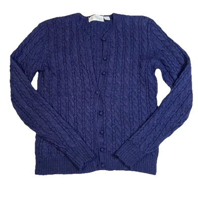 Eagles Eye Vtg Wool Cable Knit Button Up Cardigan Sweater Navy Blue Med - Image 1 of 4