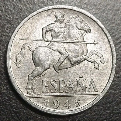 1945 Espanha 10 centavos moeda de alumínio KM 766 guerreiro cavaleiro a cavalo lança gladiador - Imagem 1 de 4