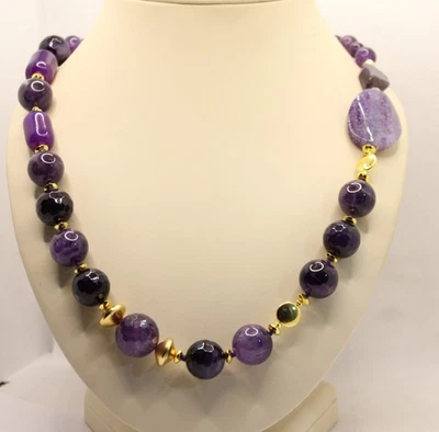 COLLANA E BRACCIALE IN AMETISTA NATURALE CON EMATITE DORATA CM 70 MM 8 MM 10 - Immagine 1 di 4