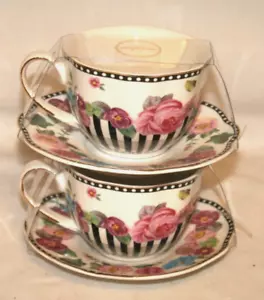 Grace Teaware Black Stripes & Floral Tea / Coffee Cups & Saucers Set of Two New - Picture 1 of 3