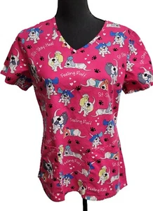 Blusa Médica Estrella (S) Multicolor Perros Cuello en V Manga Corta Bolsillos Algodón - Imagen 1 de 5