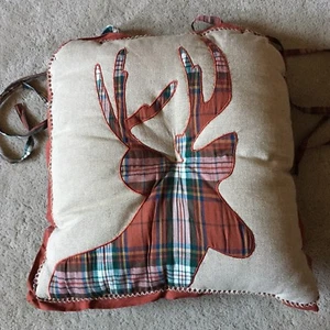 Pair of Pier 1 Plaid Reindeer Dining Chair Pad Cushion 18” Christmas Seat Pillow - Picture 1 of 7