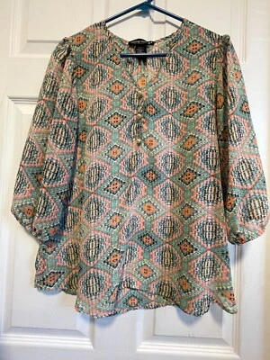 LIVING DOLL Top Camisa Blusa L 12 Busto 38 Largo 26 Blanco/Multi Botón Geométrico Foto 1 de 3