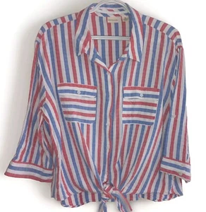 Patriotic Striped Blouse 3/4 Sleeves By Westbound Size XL Button Up Tie Waist - Picture 1 of 4