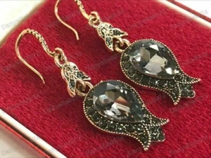 Pendientes de tulipán de cristal gris humeante inspirados en el Art Nouveau vintage de gota de vidrio dorado - Imagen 1 de 12