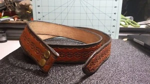 vintage brown leather stamped tooled edges cowboy western handmade 60s 55.5" - Picture 1 of 5