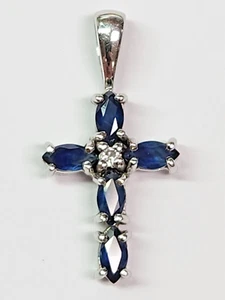 PRETTY 14kw Gold 1.00 ctw Blue Sapphire & Diamond Cross Pendant Necklace - Picture 1 of 20