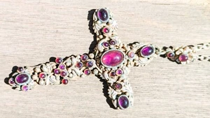 Außergewöhnliche alte Silberkette mit Kreuz-Anhänger und Amethyst-Steinen Gothic - Bild 1 von 4