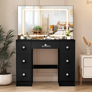 Schminktisch Frisiertisch Kosmetiktisch mit LED-Beleuchtung Spiegel Schwarz MDF - Bild 1 von 9
