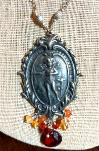 Antique Vintage Silver Cherub Dangling Genuine Garnet Citrine Briolette Necklace - Picture 1 of 3