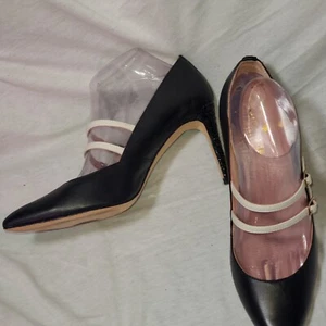 KATE SPADE NEW YORK BLACK GLITTER HEEL WHITE DOUBLE STRAPS SIZE 8.5 LADIES SHOES - Picture 1 of 9