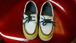 Janie and Jack Boys Two Tone Leather Boat Shoes Navy Blue White Yellow Size 11, - Picture 1 of 5