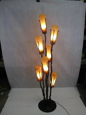 Wrought Iron Floor Lamp & 7 Signed Mouth Blown Amber Glass  Shades  - Image 1 of 4