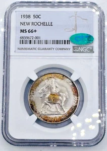 1938 New Rochelle Commemorative Half Dollar 🔥NGC MS 66+ CAC Toned Semi-PL🔥 - Picture 1 of 2