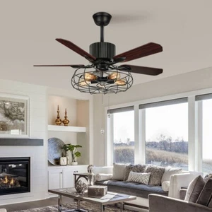 Industrial 52-Inch Ceiling Fan Semi Flush Mount Ceiling Light Fixture Vintage - Picture 1 of 14