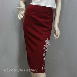 Beaded Floral Embroidery Pencil Flannel Skirt Burgundy Waist 27" M - Picture 1 of 4