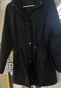 Banana republic black raincoat adjustable waist hooded quilt liner size medium - Picture 1 of 8