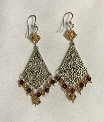 Pendientes colgantes vintage de moda con cuentas de cristal color crema y ámbar Foto 1 de 4