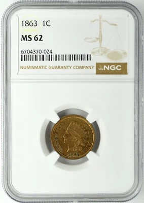 1863 COPPER NICKEL INDIAN HEAD CENT 1C NGC MS 62 - Image 1 of 2