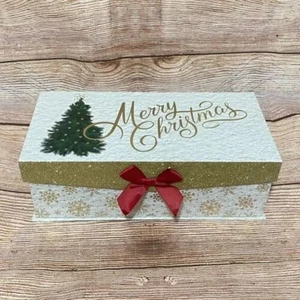 Merry Christmas Gift Holiday Box Decorative Glitter Ribbon 17 x 14 x 7 - Picture 1 of 6