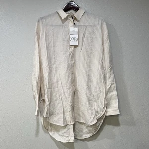 NWT Zara Wrinkled Look Shirt Beige Button Up Open Back Women’s Size Medium Linen - Picture 1 of 10