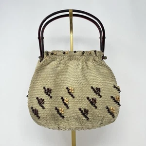 Vintage Lucite Double Handle Oval Bottom Purse Bag Woven Seed Beads Unlined - Picture 1 of 10