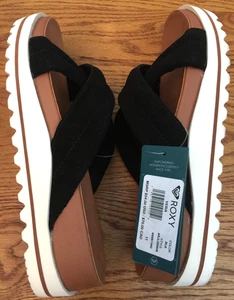 ROXY VERIA SANDALI IN PELLE DONNA 11 NERI CINTURINO INCROCIATO ZEPPA SCARPE PLATEAU - Foto 1 di 20