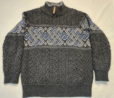 Aran Crafts Celtic Jacquard 1/4 zip sweater Sm gray merino wool chunky cable - Image 1 of 4