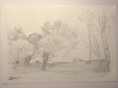 Corot винтажный пейзаж рисунок старый мастер академический французский лес - Изображение 1 из 3