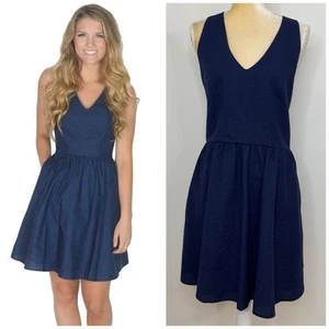 NWT Lauren James Augusta Solid Fit & Flare Dress Size L Navy Lined Pockets - Picture 1 of 13