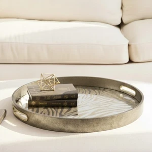 Silver Round Decor Zebra Home Kitchen Serving Drinks Candle Coffee Table Tray - Picture 1 of 11