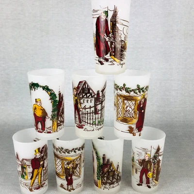 Bonito juego de 8 vasos de vidrio esmerilado Hazel Atlas Charles Dickens personaje años 50 Foto 1 de 4