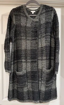 NUEVO CON ETIQUETAS J. Jill Negro Gris Ventana Tejido Largo Cárdigan Plumero Suéter Talla L NUEVO Foto 1 de 4