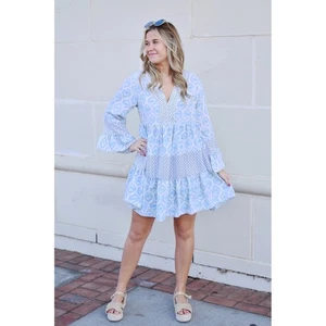 ENTRO Mini Abito Stampa Boho a Livelli Blu Bianco Geometrico Manica a Campana Donna M - Foto 1 di 9