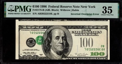 $100 1996 INVERTED OVERPRINT ERROR on HUNDRED Type II RARE BIG HEAD PMG Ch VF 35 - Image 1 of 2