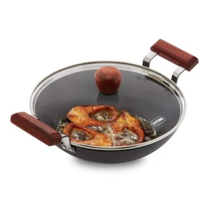 Futura Hard Anodised 2.5 Ltr Fish Fry Wok/Kadai/Frying Pan With Glass Lid - Picture 1 of 7