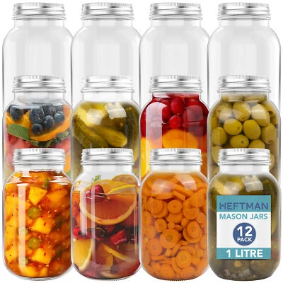 HEFTMAN Glass Mason Jars & Lid Airtight Food Storage Pickles 1 Litre 12 Pack - Image 1 of 4