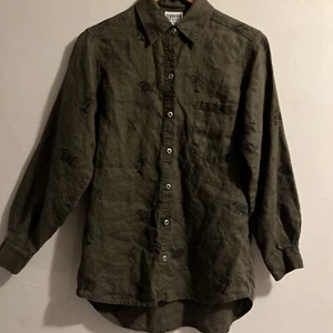 Chico's Design Womens Linen Button Up Shirt Size 0 Long Sleeve Aztec Mayan Green - Picture 1 of 7