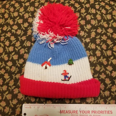 Vintage Baby Toddler Pom Pom Ball Hat Ribbed Knit Old Skool Skull Ski Skiing Cap - Image 1 of 2