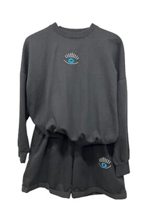 Coast Moda Evil Eye Embroidered Sweatshirt Shorts Set Size L Black - Picture 1 of 12