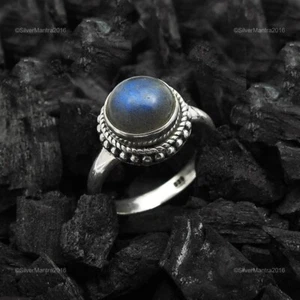 Rotondo Naturale Labradorite Argento Sterling Massiccio Anello Gioielli Misura 6 - Foto 1 di 10