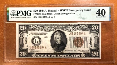 1934A Fr#2305 $20 Federal Reserve Note Brown Seal "HAWAII" Emergency WWII, PMG40 - Image 1 of 2