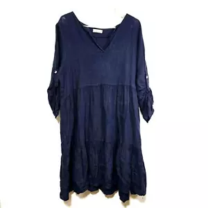 Bella Umbra Dress Italian Linen Women's Size Large Boho Peasent Navy Flowy Loose - Picture 1 of 6