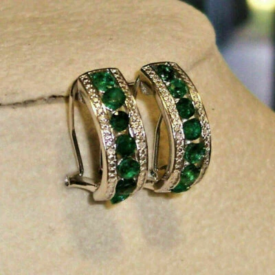2Ct Round Cut Green Emerald Lab Created Huggie Earrings 14k White Gold Finish - Image 1 of 3