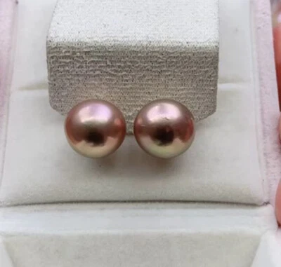 华丽 10-11 毫米南海圆形金色粉红色珍珠耳钉 925s(t) — 第 1/3 张图片