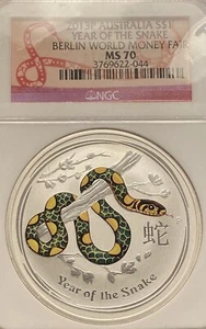 1 $ 2013 P Australien Jahr der Schlange Berlin World Money Fair NGC MS70 - Bild 1 von 4